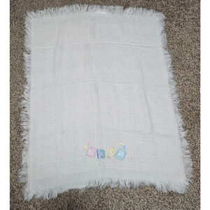 Vintage Baby Blanket 36x44 White Jacquard Woven Embroidery Magic Pastel Blocks